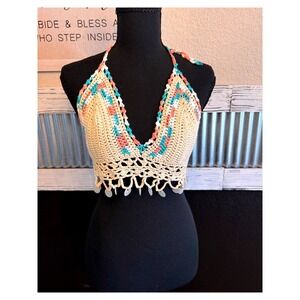 SHEIN Crochet Halter Crop Top Medium Boho Festival Beach Shell Disc Y2K